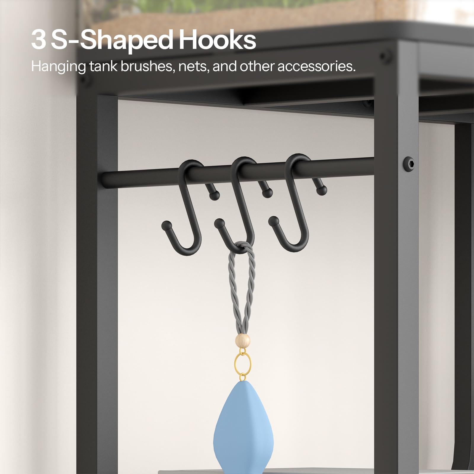 HOOBRO Support pour Aquarium de 76 L avec Tringle et 3 Crochets en S, Support pour Terrarium à 6 Pieds Réglables, avec 2 Étagères Grillagées et 1 Tablette, Chambre, Marron Rustique et Noir EBF74FT01