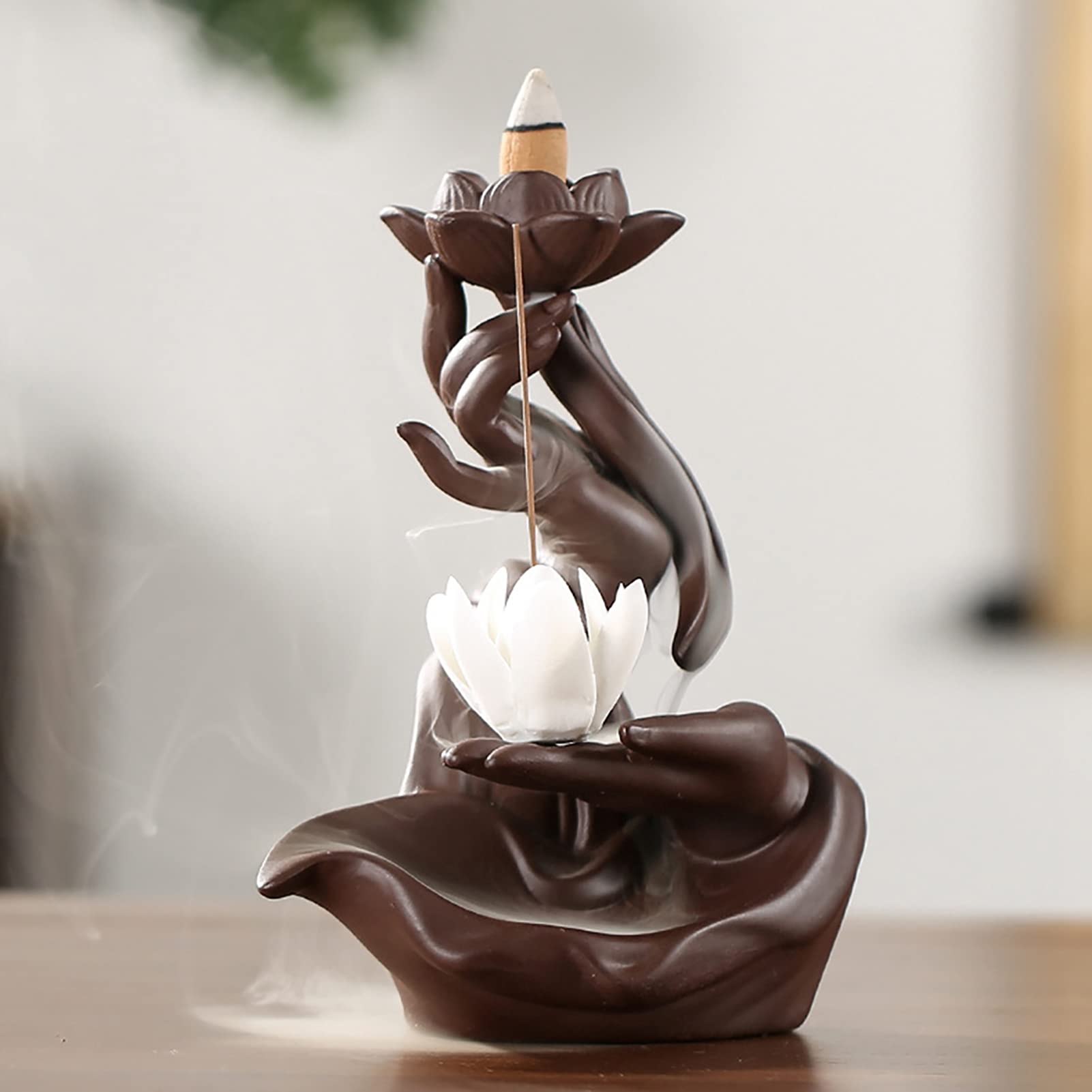 Jiawu Bruciatore di incenso a riflusso, fiore di loto/monaco cascata portaincenso, realizzato a mano, in ceramica, con cono a riflusso e bastoni di incenso, per aromaterapia, meditazione, relax