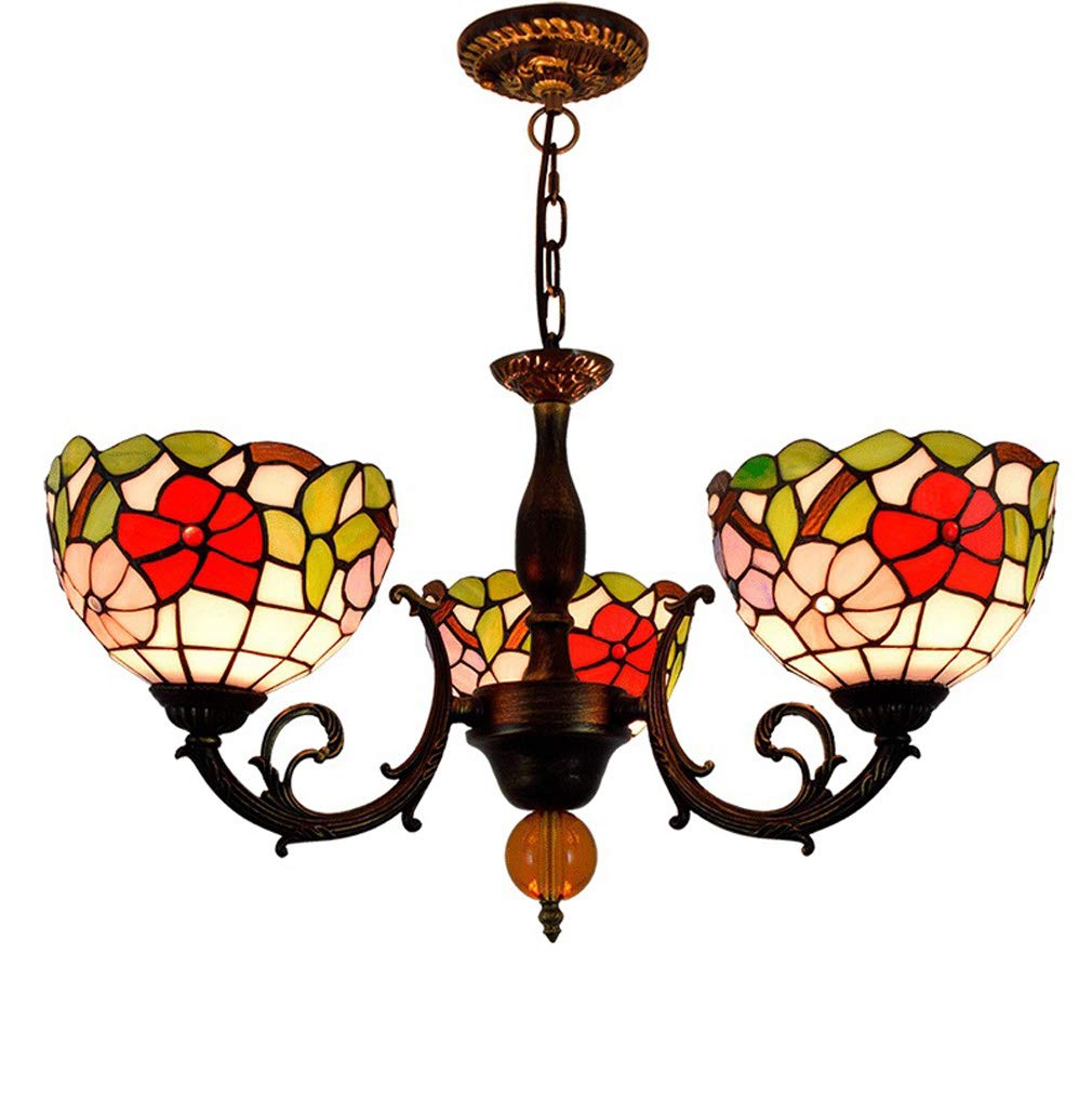 YNIYUJKL Tiffany-Style Chandelier Pastoral Art 3-Arm Pendant Light Fixtures 8-Inch Stained Glass Morning Glory Ceiling Lamps For Dining Room, Kitchen, Coffee Bar
