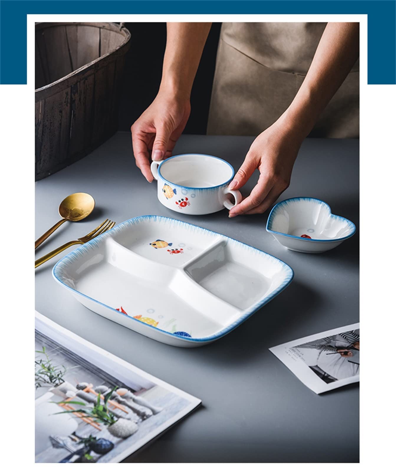Fodalob Stoviglie per la Gestione del Peso - 3 Pezzi stoviglie di Grandi ceramiche per Adulti, Piatti di Pesce divisi e Set di Ciotole, Micro-Onda e lavastoviglie, Ottimo Regalo per Il Compleanno