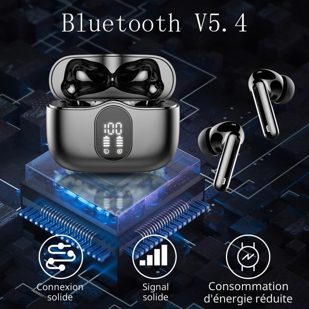 Btootos Écouteurs Bluetooth 5.3, Écouteur sans Fil avec 4 ENC Réduction Antibruit Mic Casque Bluetooth Hi-FI Son Stéréo, 36 Heures Durée de Lecture, IP7 Etanche, Écran LED, Contrôle Tactile