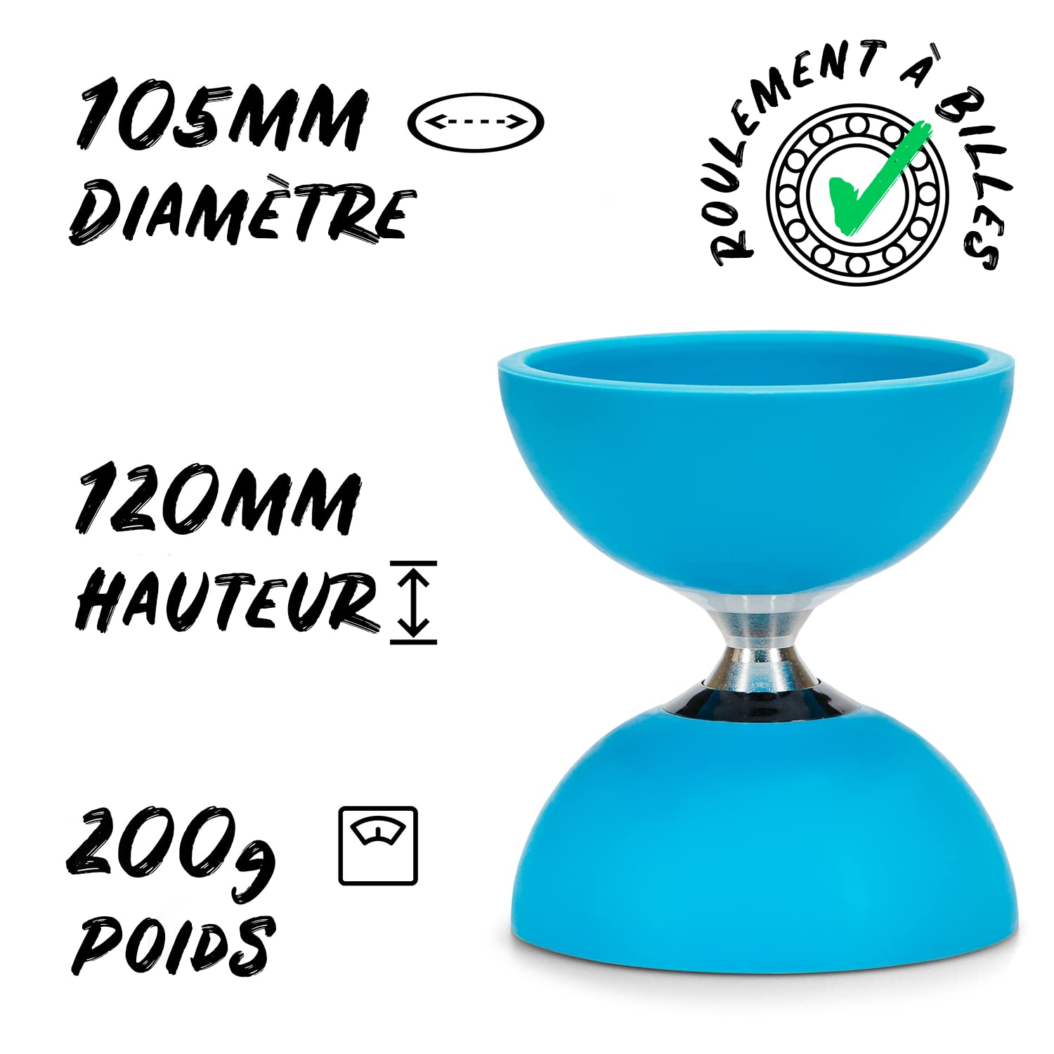 Diabolo Set de Jonglage Pro Roulement à Billes Turquoise Baguettes Aluminium Ficelle 160cm Guide Inclus