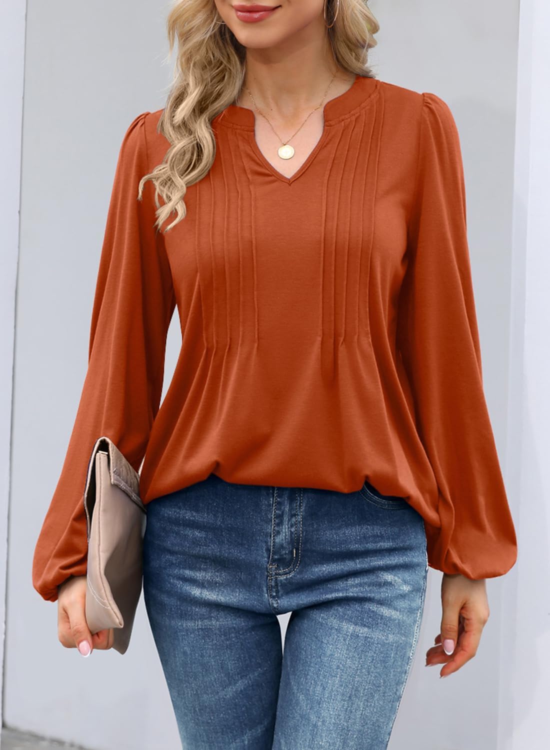 MIHOLL Women's V Neck Puff Long Sleeve T Shirts Pleated Casual Loose Tunic Blouse - Image 3
