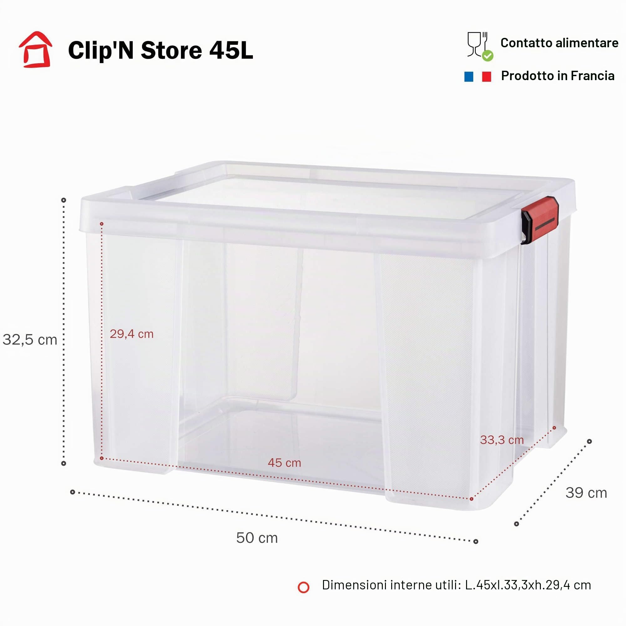 Sundis set di 3 contenitori rinforzati CLIP'N STORE 45L, Trasparente con coperchio a scatto, impilabile, idoneo al contatto alimentare