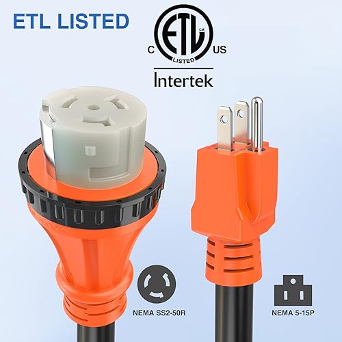 Miniatura 3 de Nilight Cable adaptador de bloqueo RV de 15 amperios a 50 amperios, cobre puro, resistente, calibre 10, certificación ETL 5-15P a SS2-50R 15M50F,