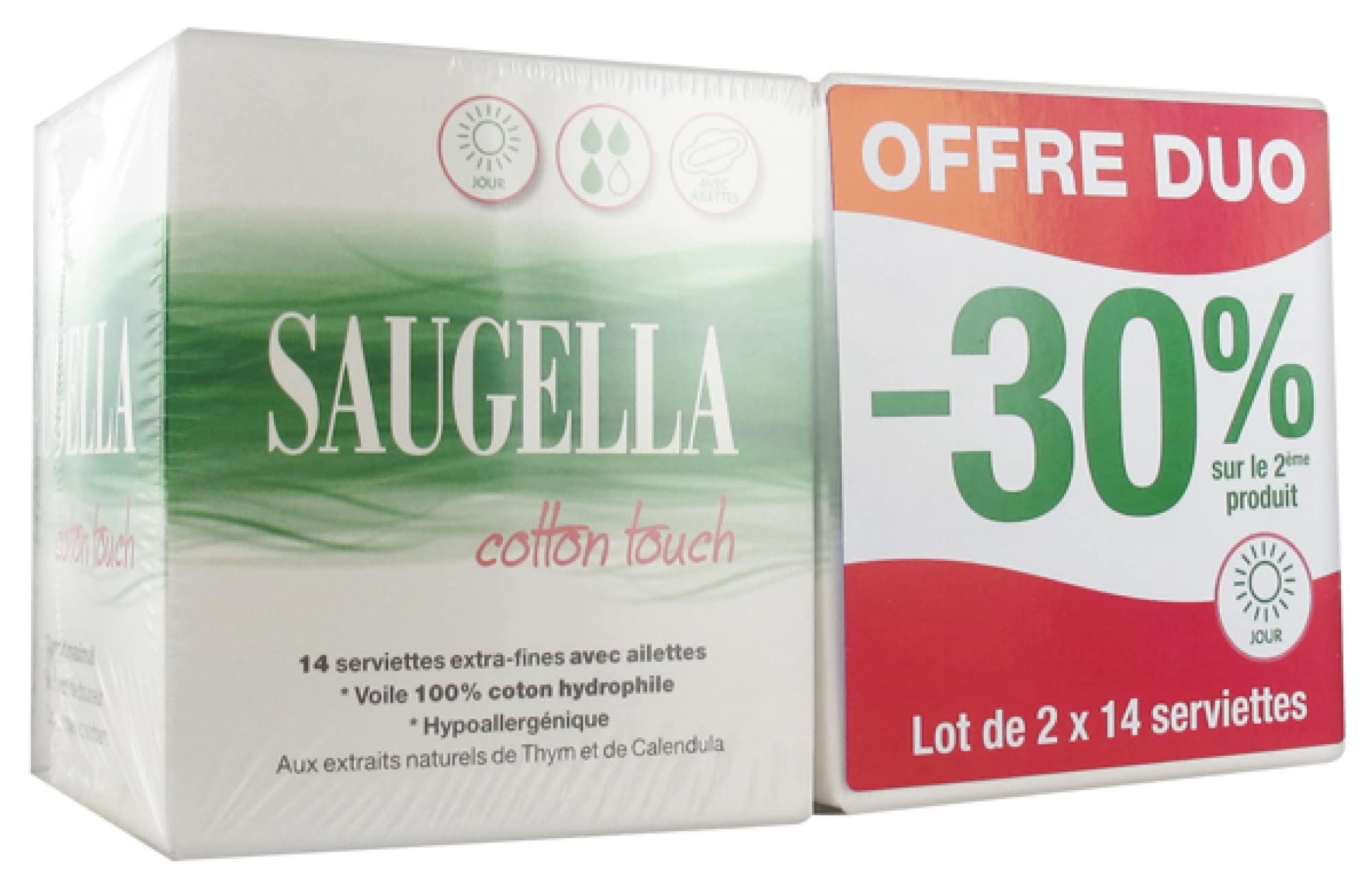 Saugella Cotton Touch Day 2 x 14 Extra-Fine Napkins with Fins