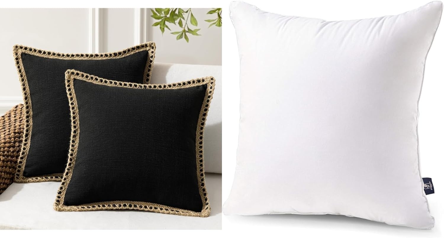 Phantoscope Bundle -Pack of 2 Farmhouse Modern Spring Decorative Throw Pillow Covers Black 18x18 inches & Throw Pillow Insert with 100% Cotton Cover 1 Count (Pack of 1)