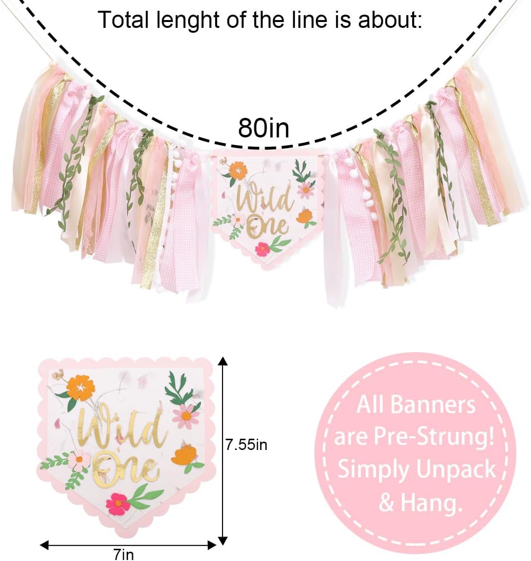 Wild Flower High Chiair Banner-Floral 1st Birthday Decoration-Pink Garland For Baby Girls，Our Little Wild Flower is Turning One Banner - Image 2