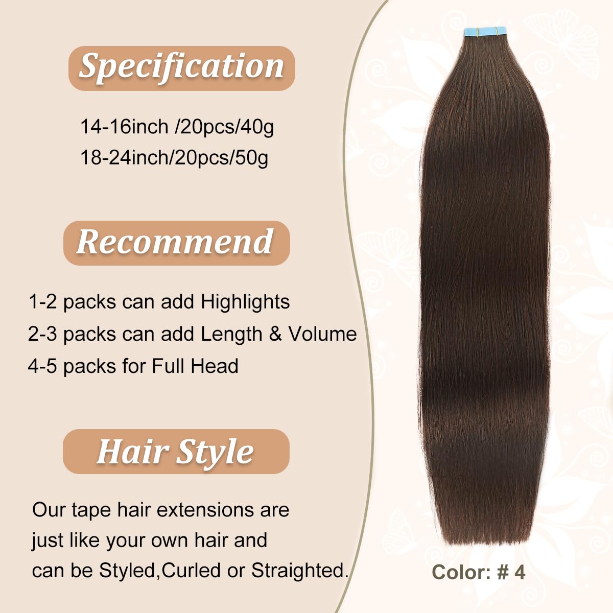 ✨ 3 18” #4 to #24 and #4 HUMAN HAIR TAPE INS *NEW* Amazon.com : Satin Strands Medium Brown Tape In 18 Inch  main image 2