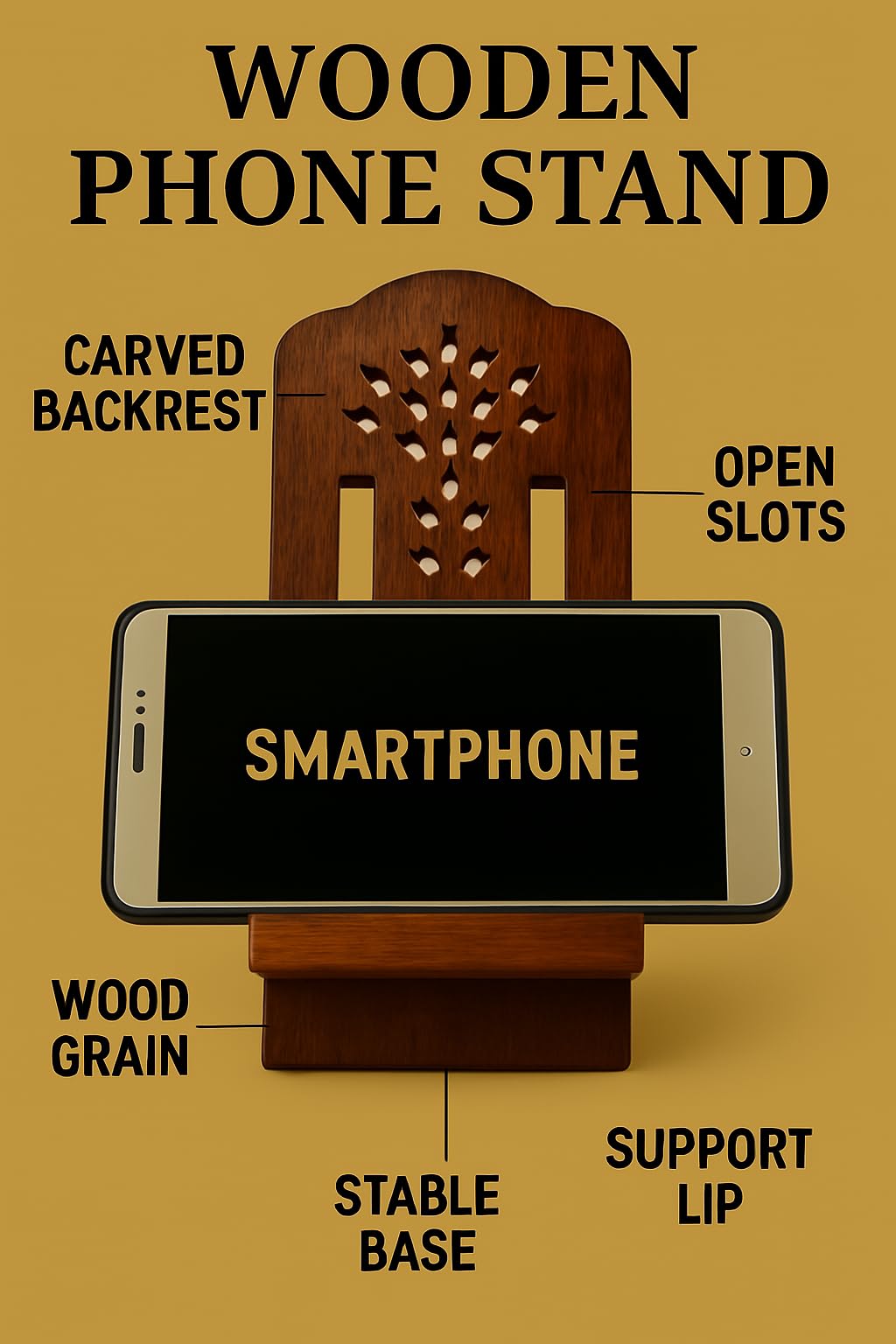 Mobile Stand Mobile Holder Sheesham Wood Mobile Landscape and Portrait All Phone Arts Wooden Mobile Stand, Smartphone Desk Holder for Office and Home (Brown, Sheesham Wood with Natural Finish) - Image 3 thumbnail