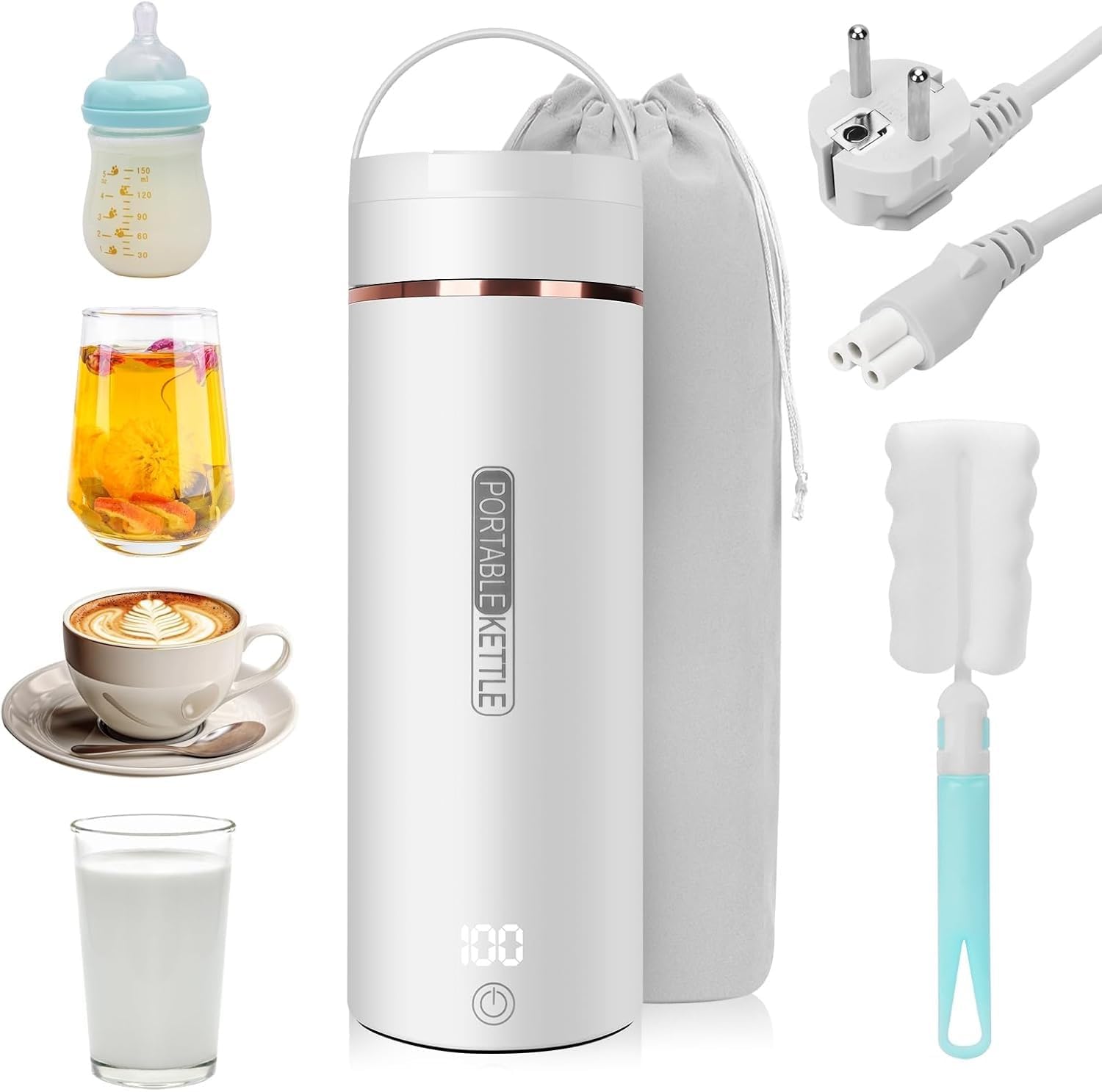 MISCIBLE Portable Travel Electric Kettle 500ml, 300W Mini Tea & Coffee Water Boiler with 6 Temperature Control Settings, 304 Stainless Steel Interior, Auto Shut-Off & Boil-Dry Protection, White