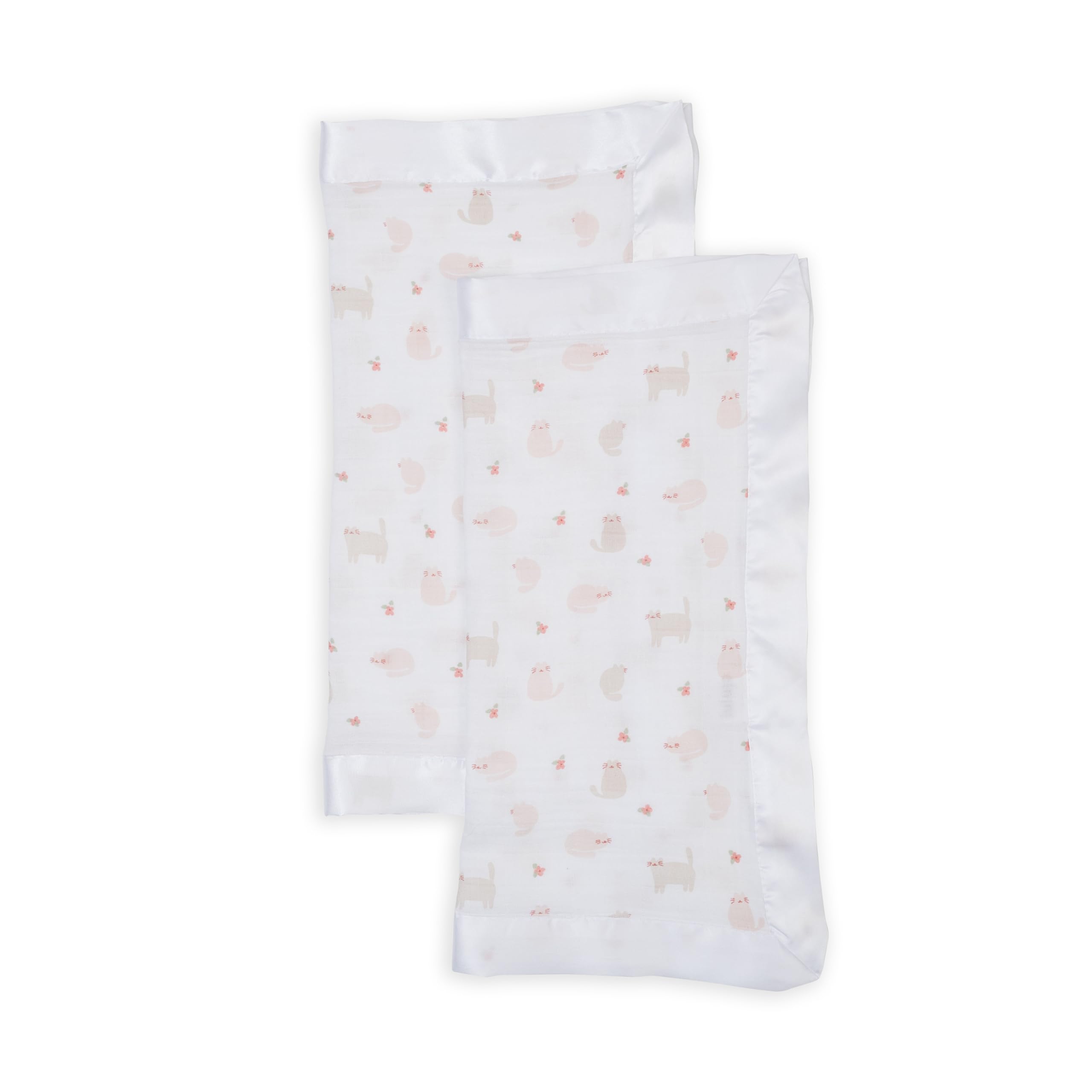 Lulujo Security Lovey Blankets | Unisex Softest Breathable Cotton Muslin Security Blanket Set with Silky Satin Trim | Neutral Comforting Blanket for Girls & Boys | 16in x 16 in | Kitty Cat