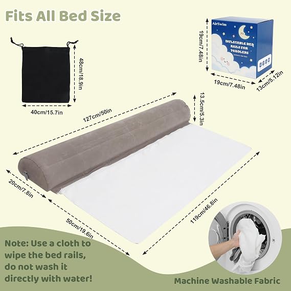 AirSwim 2 Pack Inflatable Travel Bed Rails for Toddlers, Flocking Portable Bed Rail for Toddlers with Non-Slip Base, Safe Toddler Bed Bumper for Queen, Full, Twin, King Size Bed, Hotel, Vacation