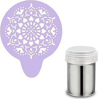 Mandala Stencil. Purple Acrylic Reusable Coffee Cappuccino Cocktail Cupcake Cake Art Stencil (Stencil & Shaker)