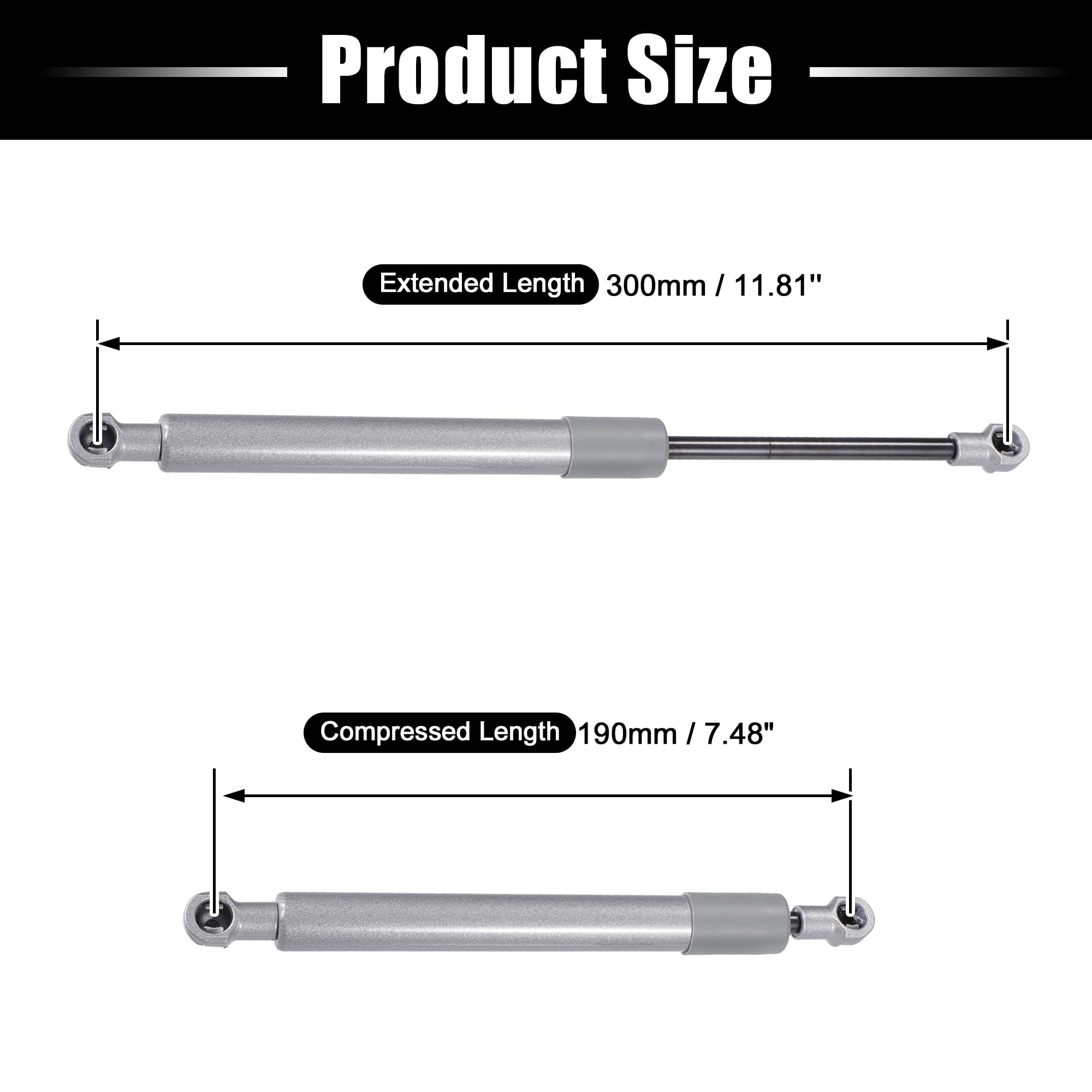 QUARKZMAN 2 sztuki amortyzatorów gazowych 250N uniwersalne 300 mm srebrny czarny | Długość całkowita 317 mm, długość po złożeniu 190 mm, średnica koperty 18 mm, średnica pręta łączącego 8 mm