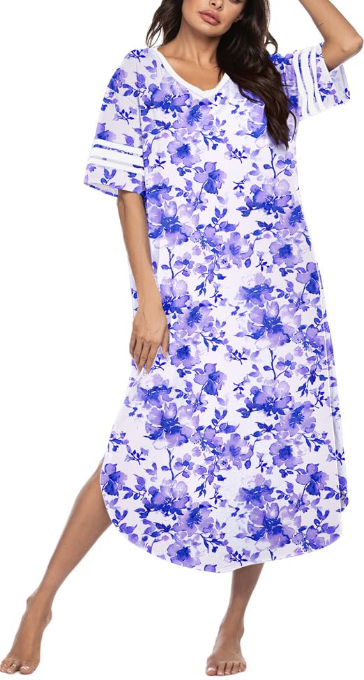 Image of Ekouaer Long Nightgown, Womens V Neck Loungewear Oversized Sleepwear Loose Sleep Dress S-4XL