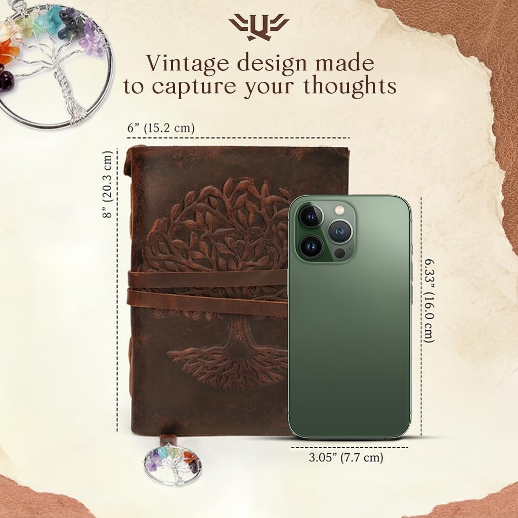 LushLuxeoria Leather Journal - Mothers Day Gifts, Travel Diary, Women's Notebook - Tree Of Life 7 Chakra Bookmark, Antique Gift for Women and Men, Unique Birthday Gifts, Brown - 6"x8" (200 Pages)