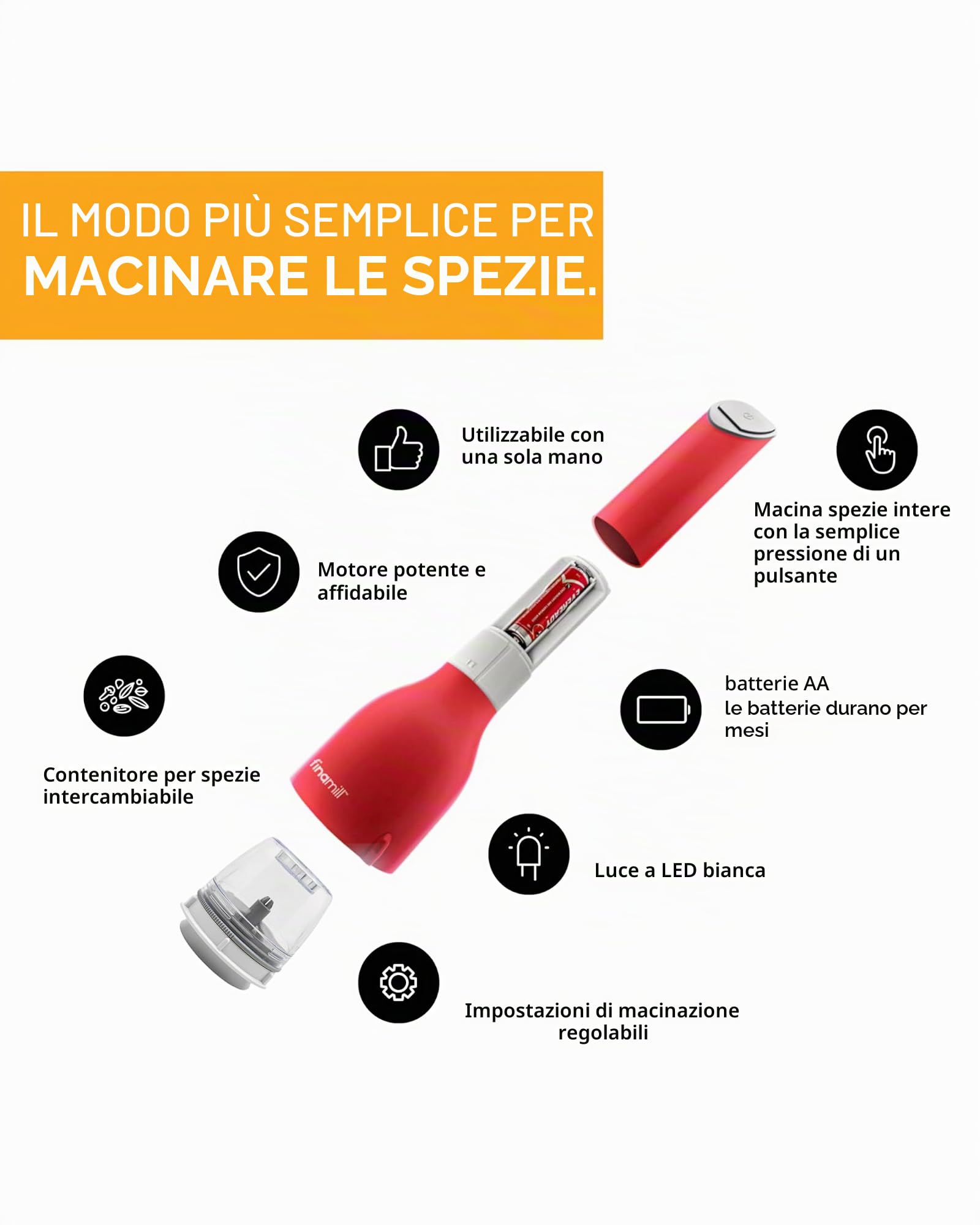 FinaMill Mulino per pepe e spezie pluripremiato a batteria, trituratore e macinazione regolabile in ceramica con One Touch e LED. 2 cialde ProPlus intercambiabili incluse.