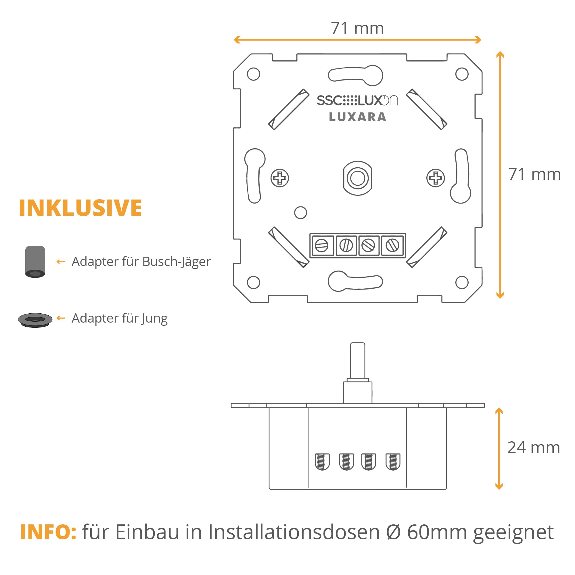 SSC-LUXon LUXARA Universeller LED Drehdimmer Unterputz Dimmschalter Lichtschalter für dimmbare LED Lampen 3-150W 230V - Unterputzdosen Dimmer inklusive Adapter
