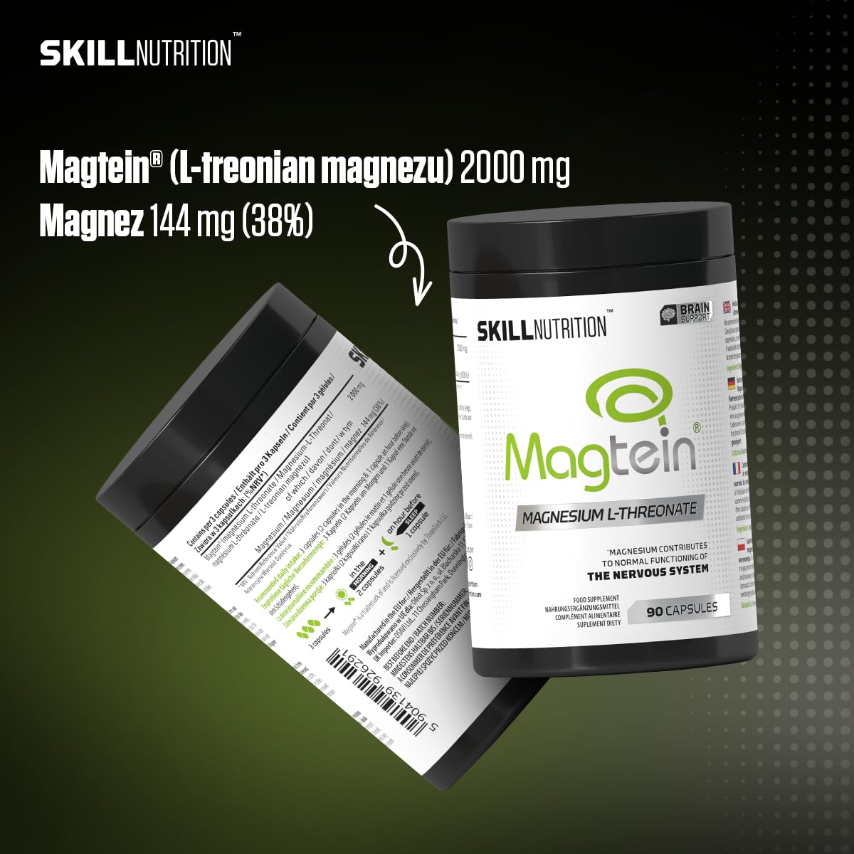 SKILL Nutrition Magtein® Magnez L-Treonian | 90 kapsułek | Klinicznie przebadana, wysoko biodostępna formuła | Wspiera koncentrację, pamięć i funkcje poznawcze | Mięśnie i elektrolity | Wegański