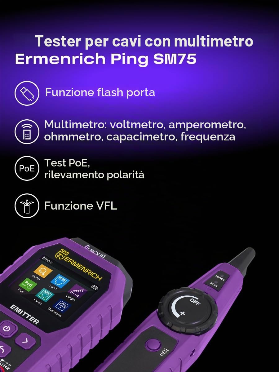 Ping SM75 Tester Cavi di Rete con Test PoE NCV Lunghezza CAT5/6 | Tester Multifunzionale Ricaricabile con Multimetro Voltmetro Ohmmetro Amperometro Porto RJ45 STP/UTP e Doppini Intrecciati