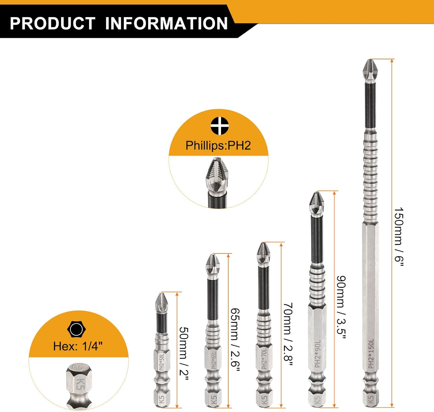 HARFINGTON 5pcs Impact Phillips Screwdriver Bit Set PH2 (#2) Anti Slip Tip 1/4" Hex Shank 2"/2.6"/2.8"/3.5"/6" (50mm/65mm/70mm/90mm/150mm) Long Magnetic Cross Screw Driver Drill Bits