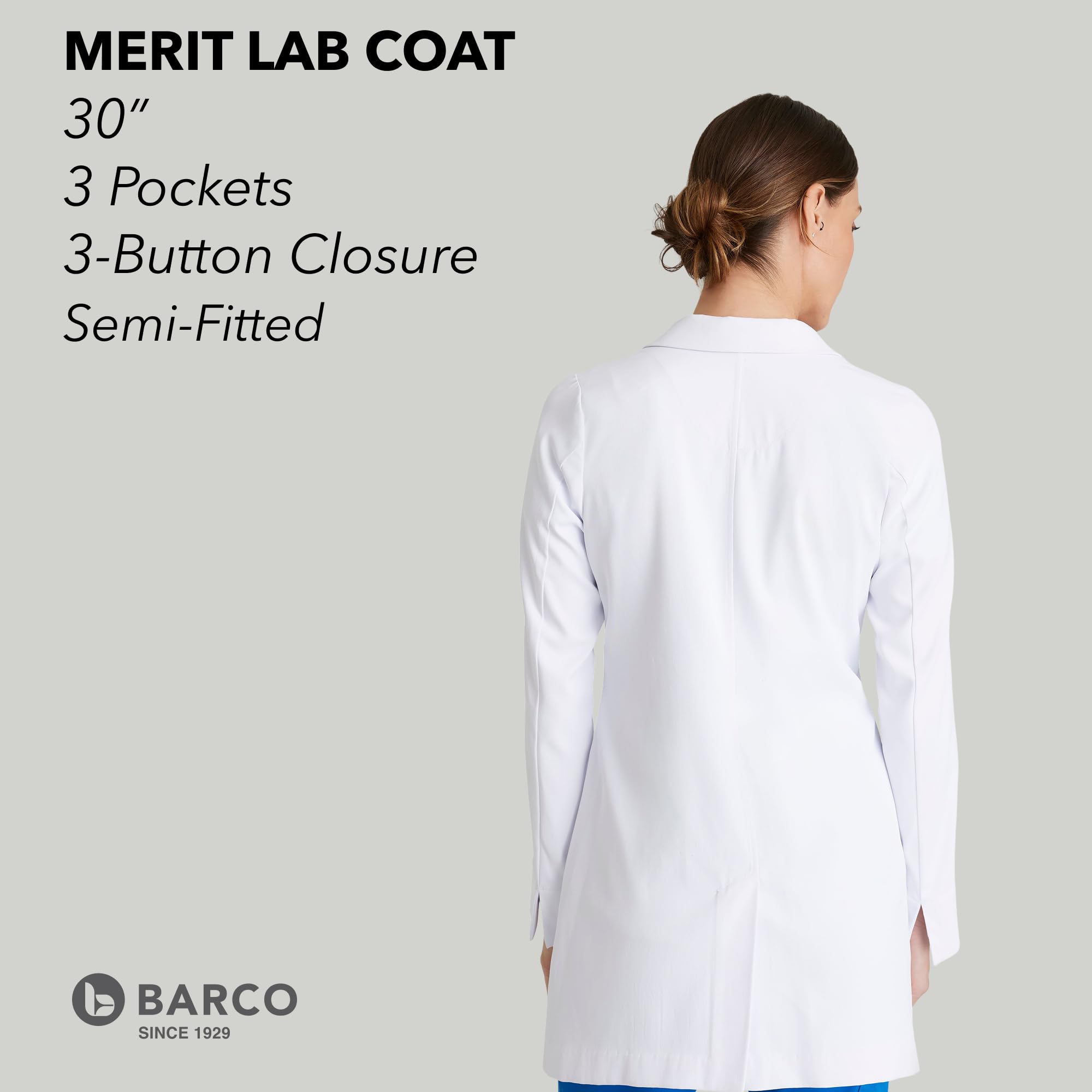BARCO Merit - Abrigo de laboratorio para mujer, profesional, 3 bolsillos, cierre de 3 botones, manga larga, abrigo de laboratorio para mujer