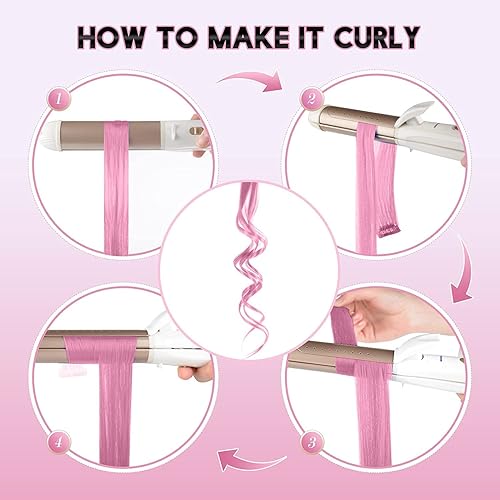 Miniatura 5 de FESHFEN Extensiones de cabello con clip de colores, 10 piezas de cabello sintético lacio con reflejos rosados para mujer, 22 pulgadas