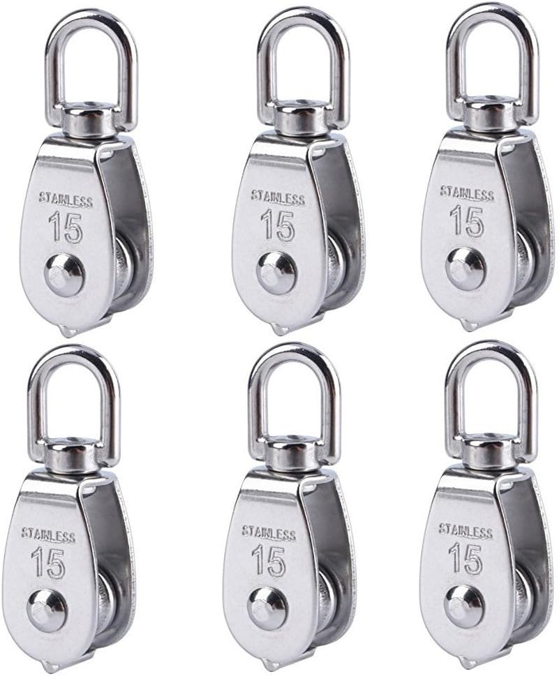 Stainless Steel Wire Rope Crane Pulley Block M15 Lifting Crane Swivel Hook Single Pulley Block Hanging Wire Towing Wheel 6Pcs
