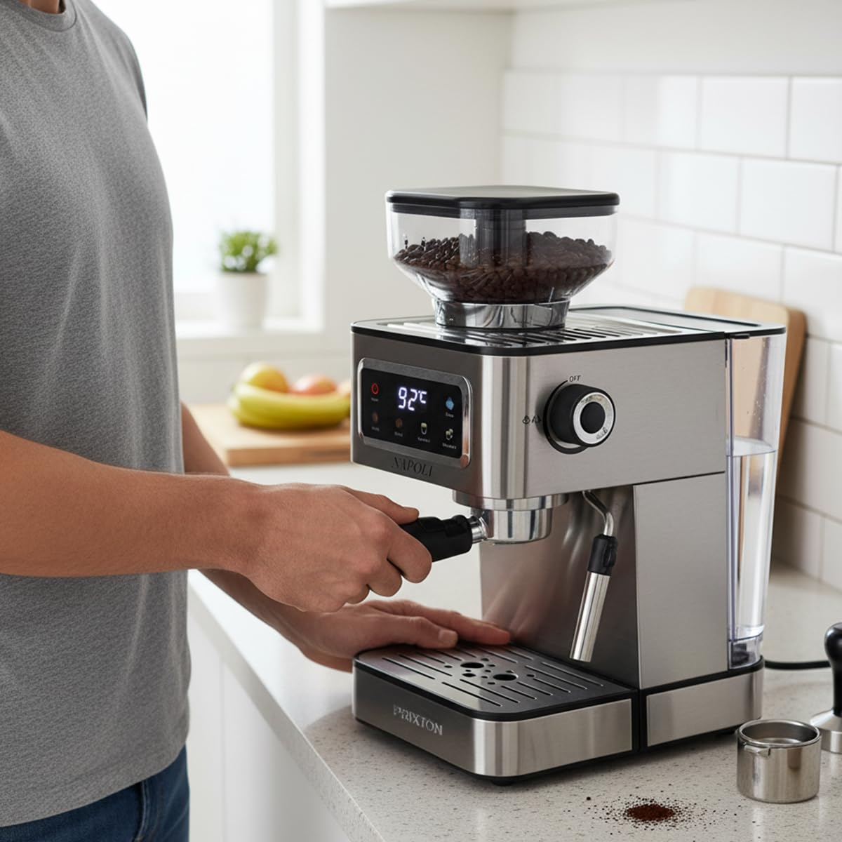 Prixton Caffettiera Espresso Napoli con Macinino Integrato 22 Livelli, 20 Bar, 1350W, Filtro a Doppia Uscita, Vaporizzatore regolabile, Compatibile con Caffè a Grana, Macinato e Capsule