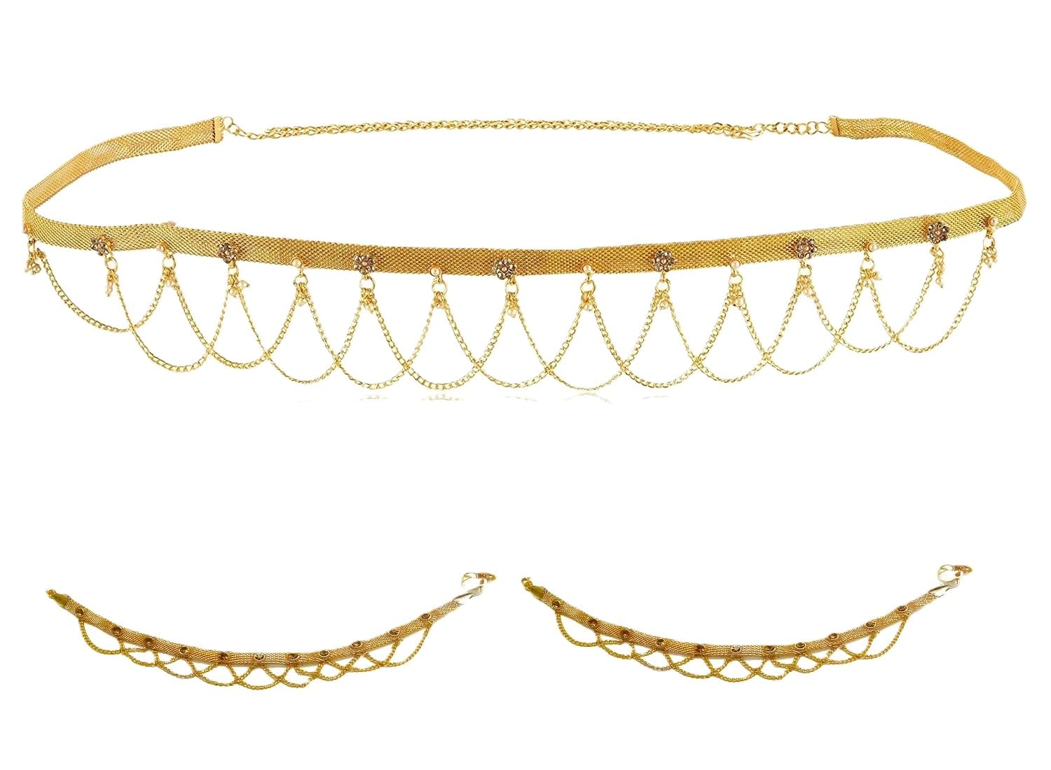 Stylish Traditional Gold Polished Kamarpatta/Kamarbandh Waist Chain for Women/Girls & Crystal Beads Chain Tassel Wedding Collection Kundan Payal For Women (2 Anklets)-image-38
