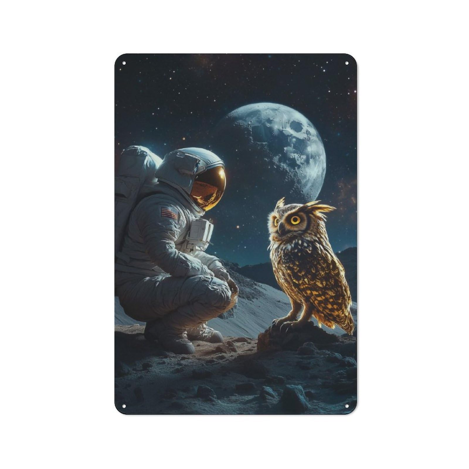 Junmoney Astronaut Meets Cosmic Owl Tin Wall Plaque 30X20cm With For Hobby Room Or Studio, For Updating Hobby Room And Studio After Moving