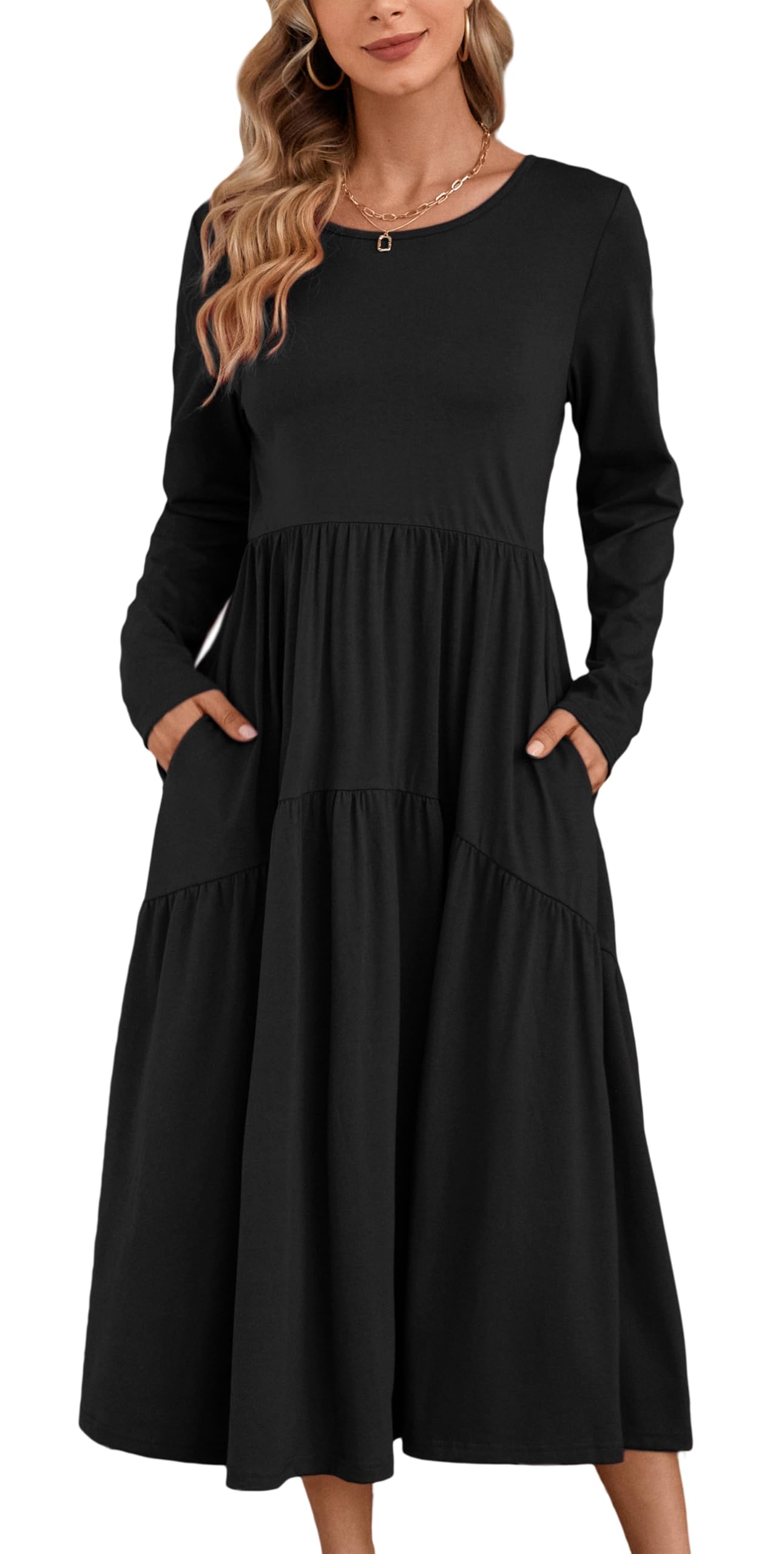 Kormei Women's Long Sleeve Crewneck Midi Dress A Line Tiered Flowy Wedding Guest Fall Casual Long Dress with Pockets