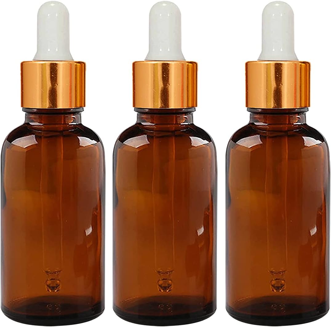 nsb herbals 30 ML Amber Round Empty Glass Bottle + Glass Dropper + Gold Ring + White Silicone Teat, Refillable, Reusable, Leak Proof for Essential Oils, Blends, DIY Perfumes (Pack of 3)