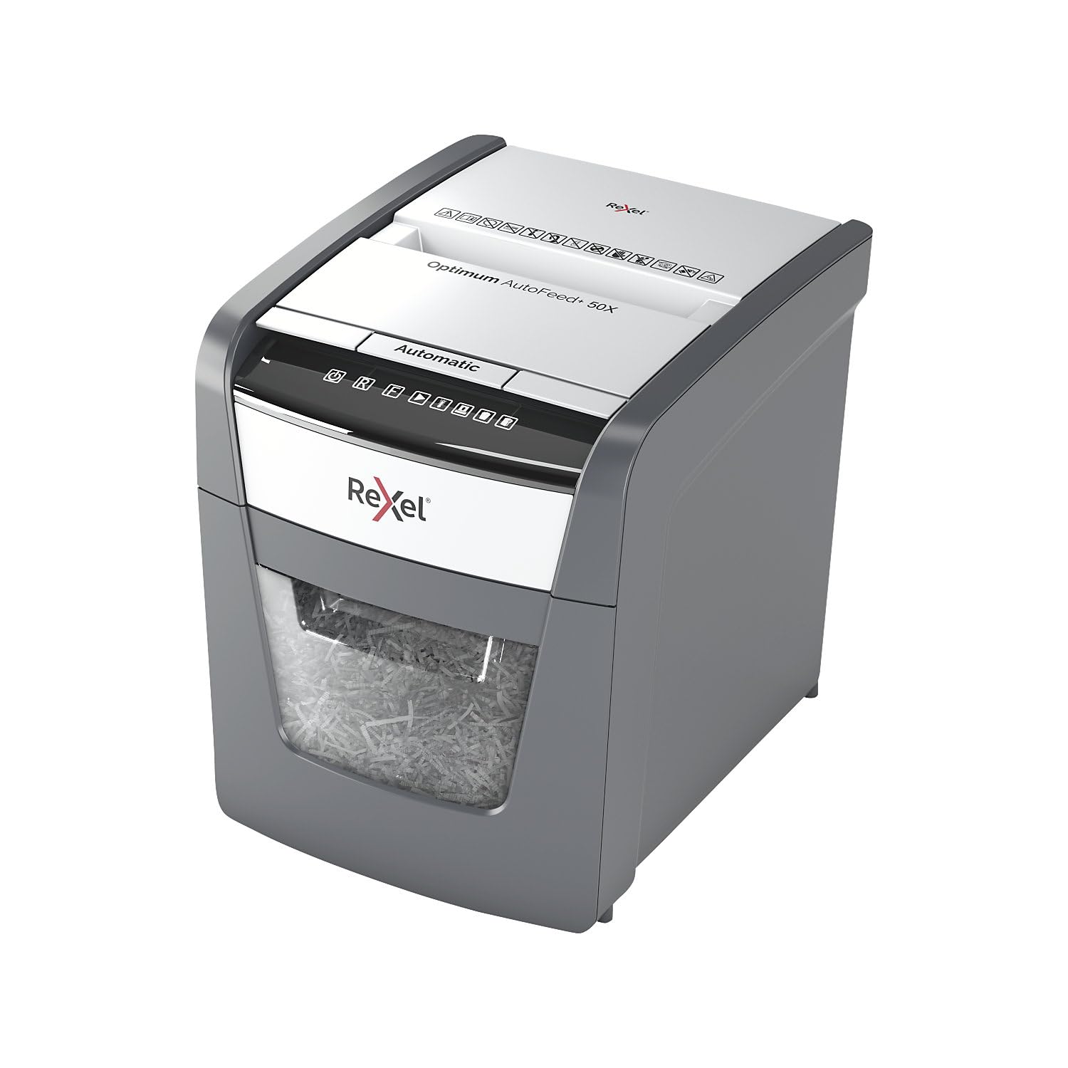 REXEL Optimum Auto Feed+ 50X, Distruggidocumenti Automatico, Spina Svizzera, 50-55 Fogli (80-70 gr/mq), Taglio a Frammento, Livello di Sicurezza P-4, per la Casa e per l’Ufficio, Capacità 20 Litri