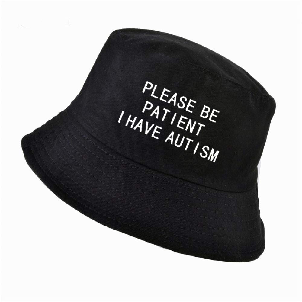 WarsoniodZHOUBINBIN Please Be Patient I Have Autism Letter Print Bucket Hat Men Women Fisherman Hats Summer Outdoor Hunting Fishing Cap Harajuku For Streetwear Beach Fishing Camping Cap,Black