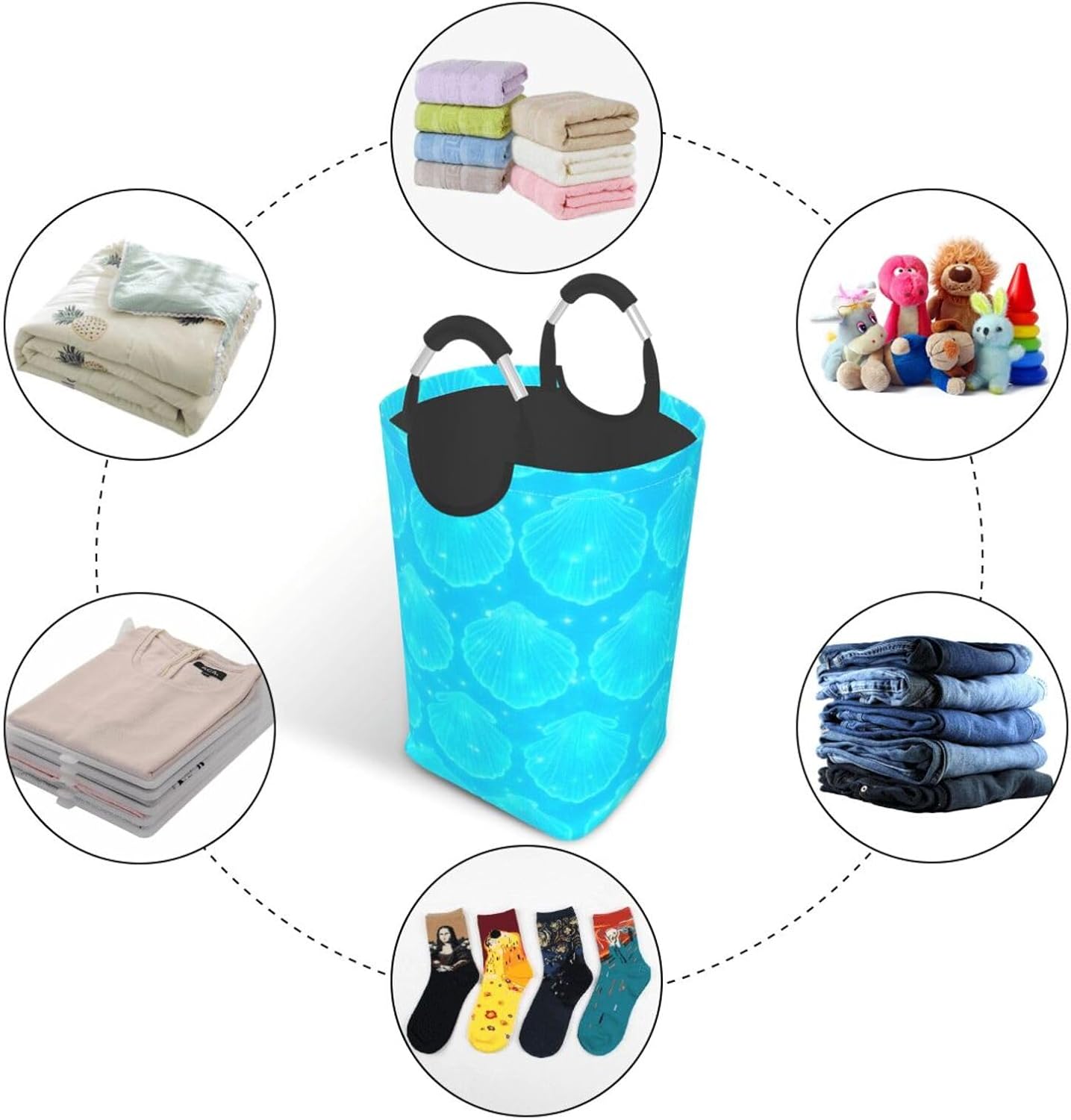 50l Laundry Basket Glitter Ocean Seashell Waterproof Laundry Hamper Foldable Clothes Laundry Bag With Handles