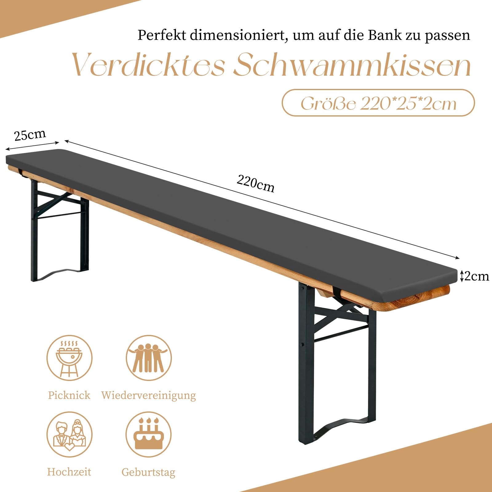 Teruntrue 4 Stück Bierbankauflagen, Bierbank Auflage 220x25x2cm bierzeltgarnitur Auflage, Waschbare bierbankauflagen für Biertisch & Party Festzeltgarnitur(Dunkelgrau)