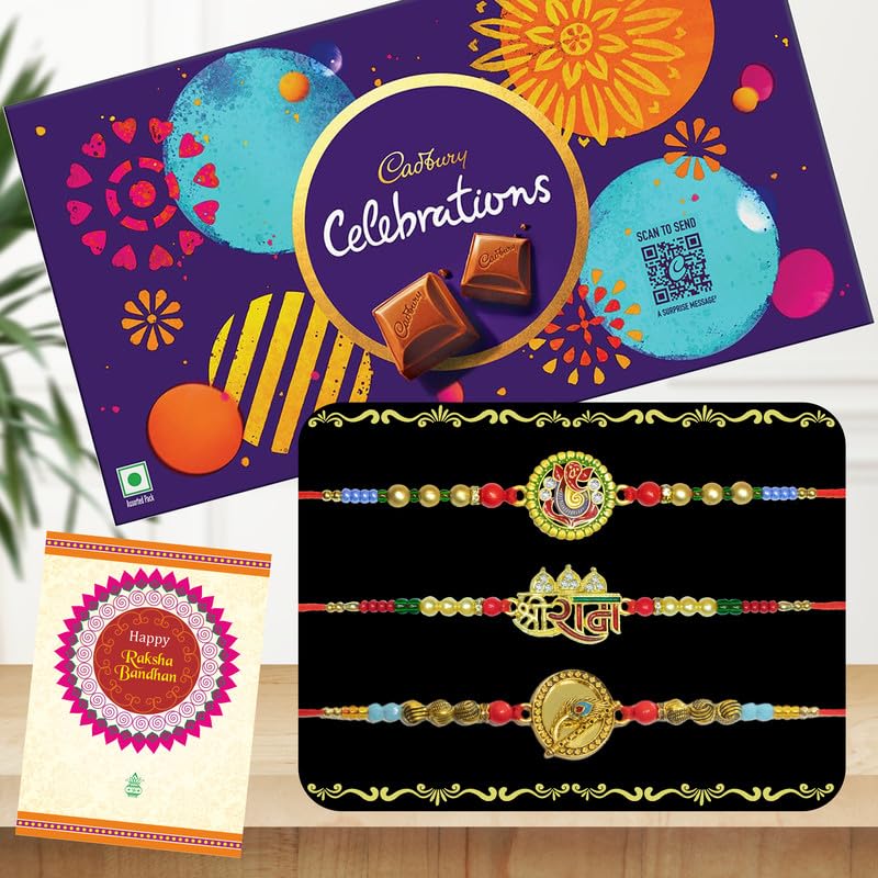 Image of Canton Rakhi With Chocolate Gift Combo, Pack of 3 Designer Rakhi For Brother With Chocolate Gift, Roli & Greeting Card (Design-12, Rakhi With Celebration)