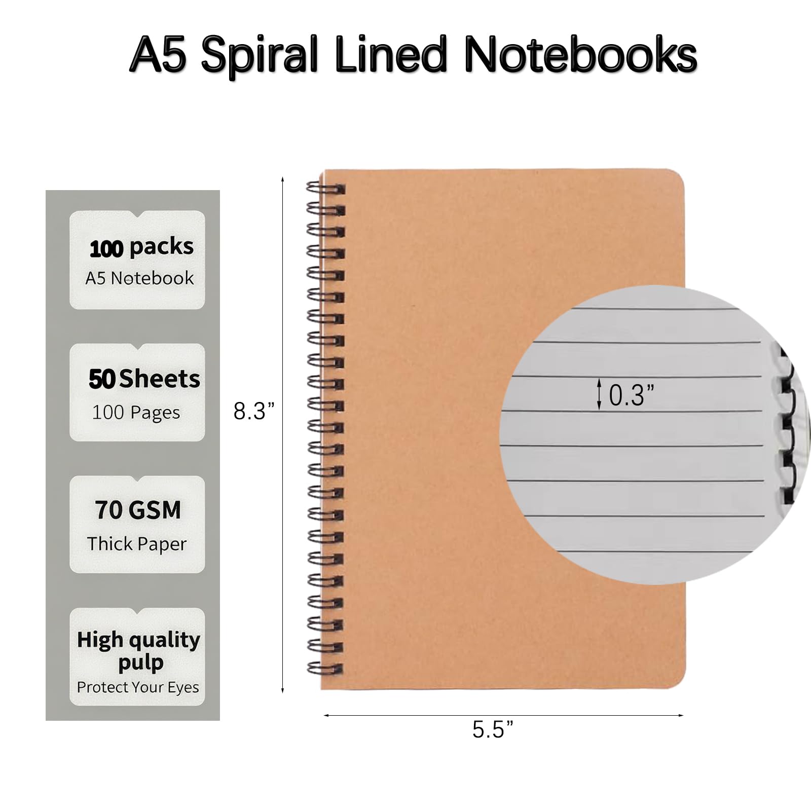 100 Pack A5 Spiral Notebooks Journal with Kraft Cover, 8.3"×5.5",50 Sheets/100 Pages, Ruled Lined Paper, for Work, Sketches, Study, Notes Taking, Gifts, Brown (100 PACK)