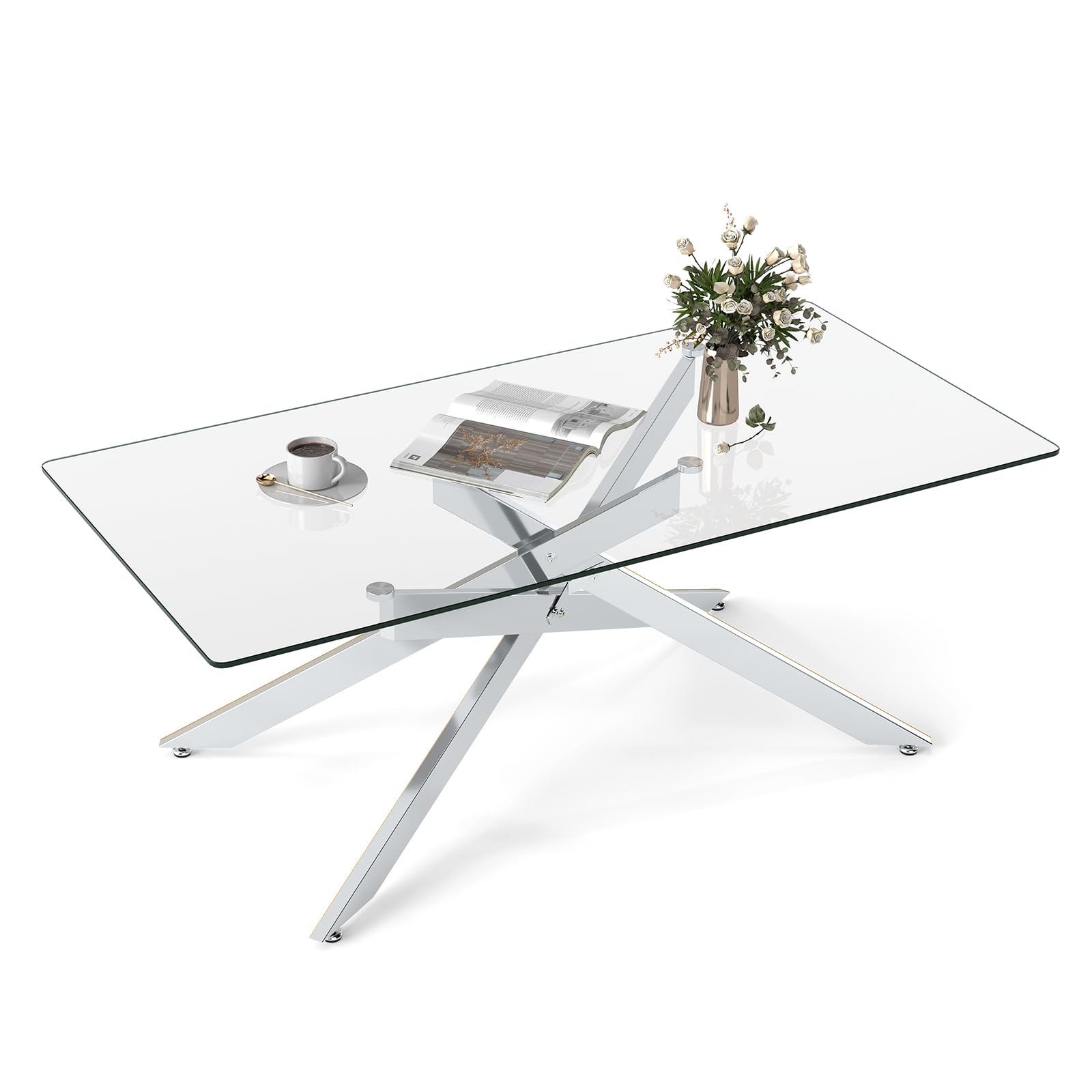 COSTWAY Tavolo da Caffè, Tavolino Salotto in Vetro Temperato con Gambe Incrociate in Metallo Placcato e Piedini Regolabili Antiscivolo, per Soggiorno e Ingresso, 120 x 60 x 45,5 cm (Argento)