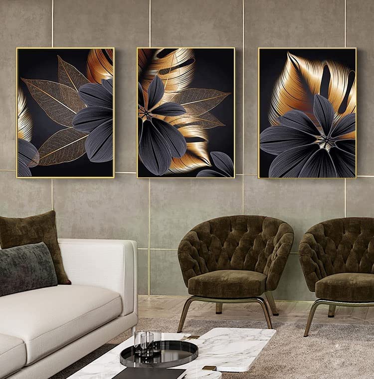 Canvas Painting, Black and Gold Plant Leaves, Design Poster Set, 3-Piece Set, Background Wall Art Mural Printing Picture - Image 4