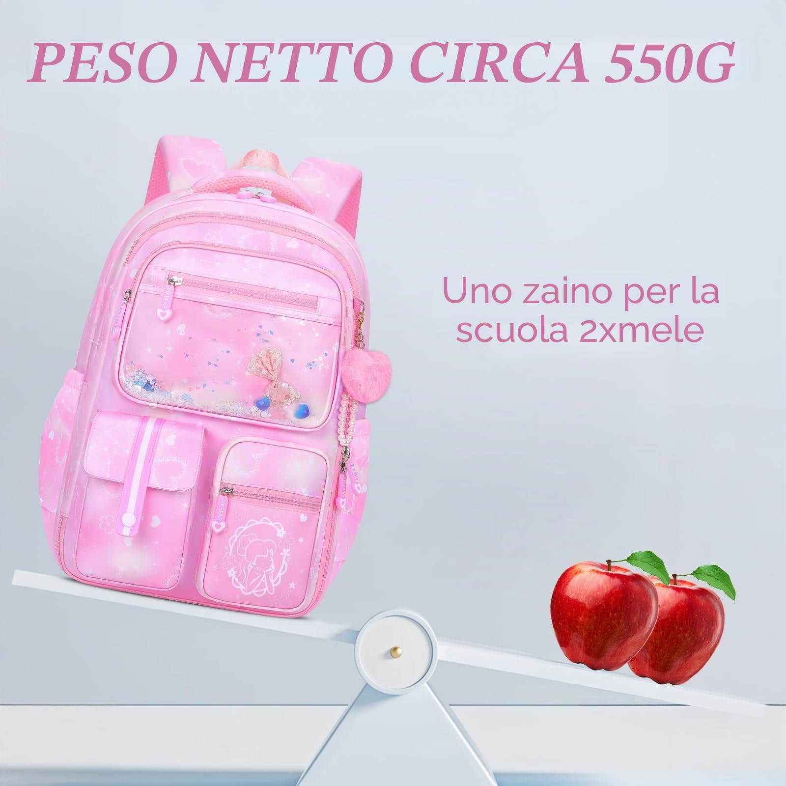 Amythe Zaino Scuola Elementare Bambina 3 Pezzi, Set Zaini Bambina Set 8-15 anni con Sacchetto per Pranzo e Astuccio per Matite, Kawaii Zainetto Ragazza, Rosa