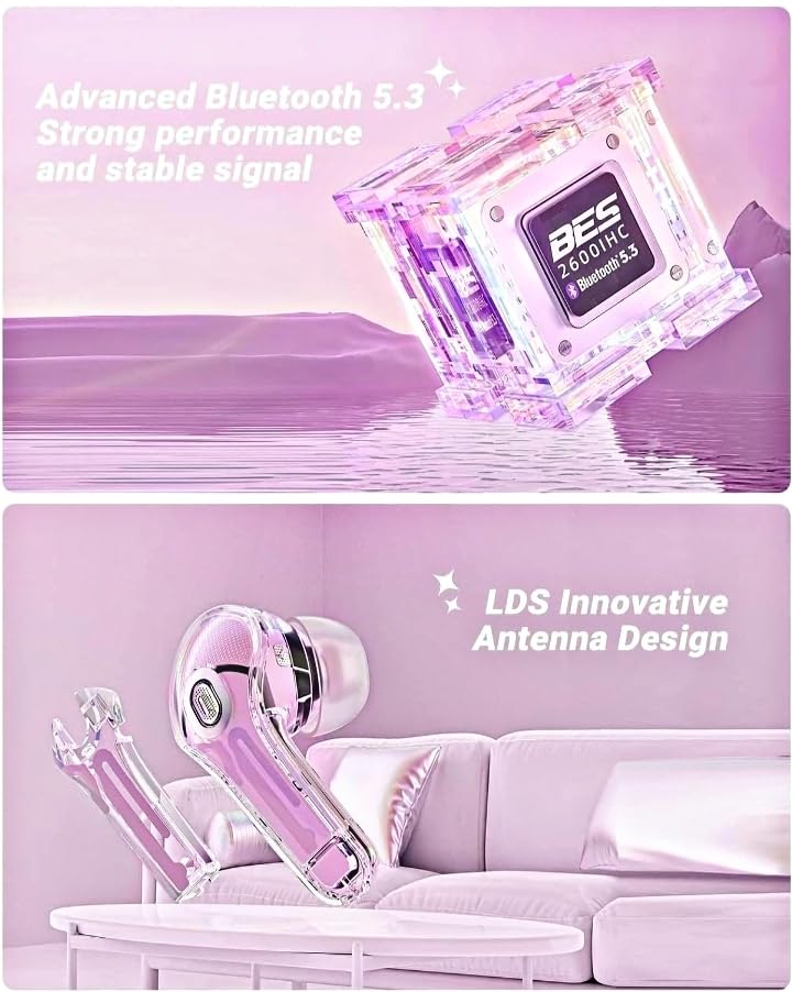 Image of W O Winwon ULTRAPODS PRO (TWS) Earbuds Bluetooth Wireless, Transparent Charging Case, Active Noise Cancellation, LED Digital Display, Bluetooth in-Ear Headphones, Touch Control, Water Resistant(Pink)