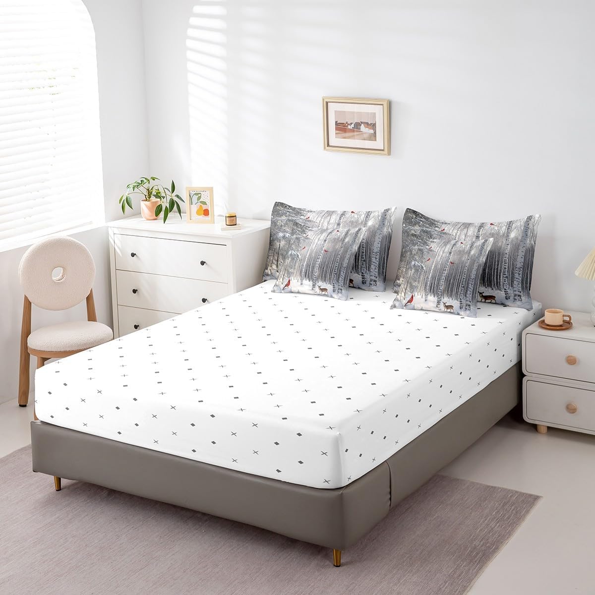 Erosebridal Xmas Bedding Set for Kids Teens,Christmas Cardinal Birds Reindeer Comforter Set Queen Size,Winter Snow (Comforter+Fitted+Flat Sheet+2 Pillowcases+2 Throw Pillow Covers) 7 Pieces Bed Set