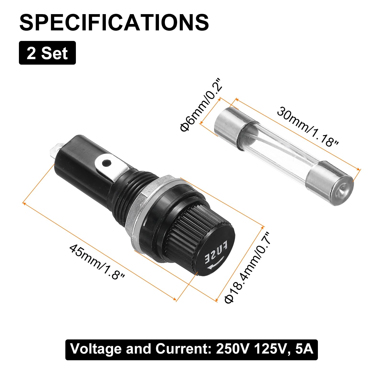 uxcell 2Pcs Panel Mounted Fuse Holders 45 x 18.4mm 250V 125V, 5A Screw Cap Fuse Holders with 2 Pcs 6 x 30mm Fast-Blow Glass Tubes Fuses