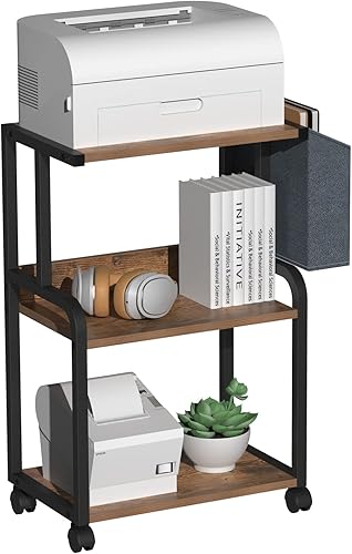 VEDECASA Soporte de impresora marrón de 3 niveles con ruedas rodantes, moderno estante de mesa de madera industrial con bolsa de almacenamiento para