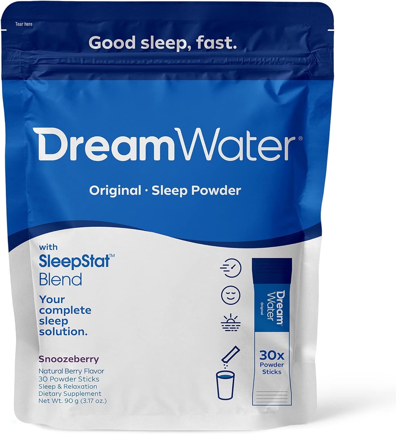Dream Water Sleep Aid Powder; Melatonin 5mg, GABA, 5-HTP; Natural Flavors; Helps You to Fall Asleep, Fast, and Wake Refreshed; Snoozeberry, 30-Count