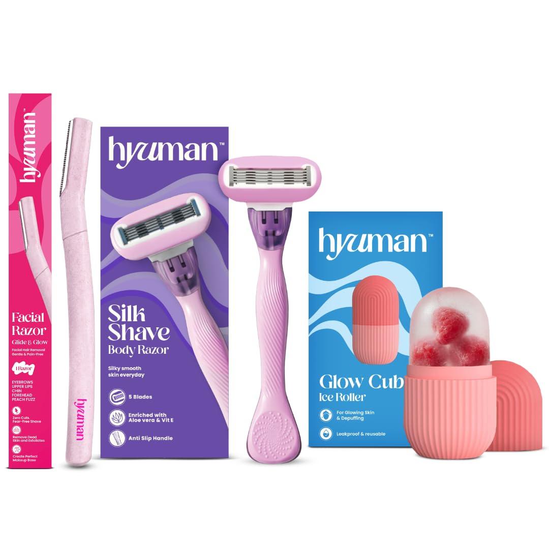 Hyuman Face Razor + SilkShave Razor + Ice Roller Combo for Women | Hair Removal & Cooling Skin Care Kit (Set of 3)-picture-23