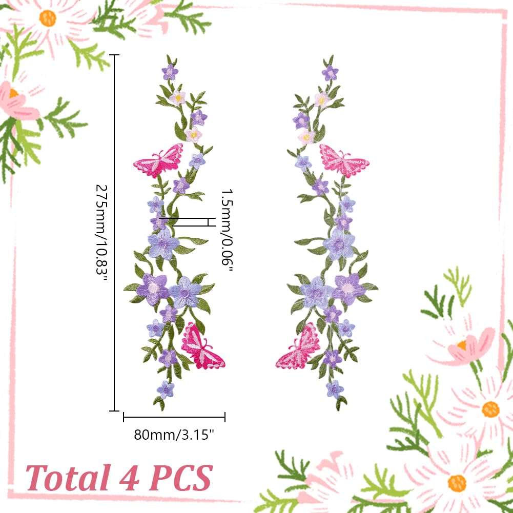 4 toppe ricamate decorative con fiori e farfalle, da cucire su glicine, con farfalla rosa intenso, termoadesive per borse, pantaloni, decorazioni fai da te, 8 x 27 cm